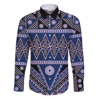 Vintage Bula Fiji Family Matching Off Shoulder Short Dress and Hawaiian Shirt Prussian Blue Tapa Masi Motif LT9 Dad's Shirt - Long Sleeve Blue - Polynesian Pride