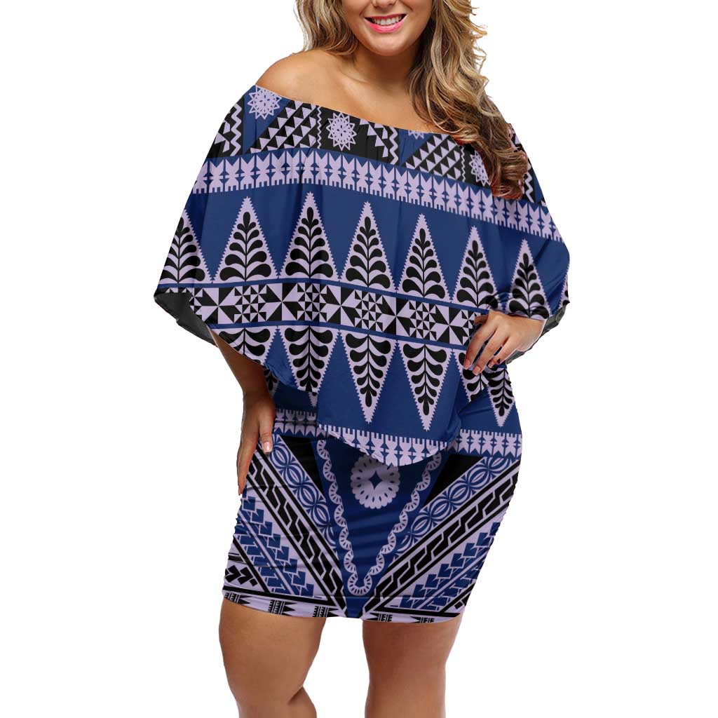 Vintage Bula Fiji Family Matching Off Shoulder Short Dress and Hawaiian Shirt Prussian Blue Tapa Masi Motif LT9 Mom's Dress Blue - Polynesian Pride