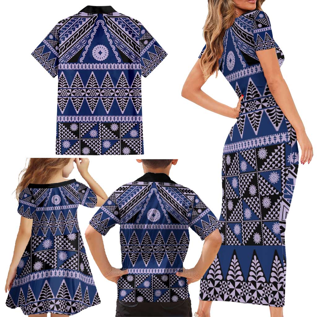 Vintage Bula Fiji Family Matching Short Sleeve Bodycon Dress and Hawaiian Shirt Prussian Blue Tapa Masi Motif LT9 - Polynesian Pride