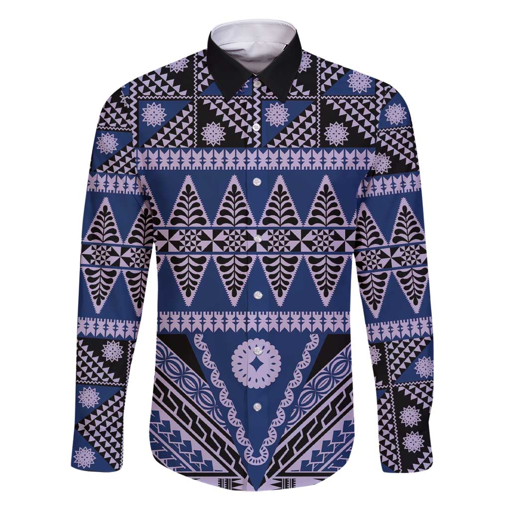 Vintage Bula Fiji Family Matching Short Sleeve Bodycon Dress and Hawaiian Shirt Prussian Blue Tapa Masi Motif LT9 Dad's Shirt - Long Sleeve Blue - Polynesian Pride