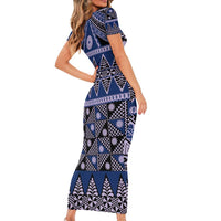 Vintage Bula Fiji Family Matching Short Sleeve Bodycon Dress and Hawaiian Shirt Prussian Blue Tapa Masi Motif LT9 - Polynesian Pride