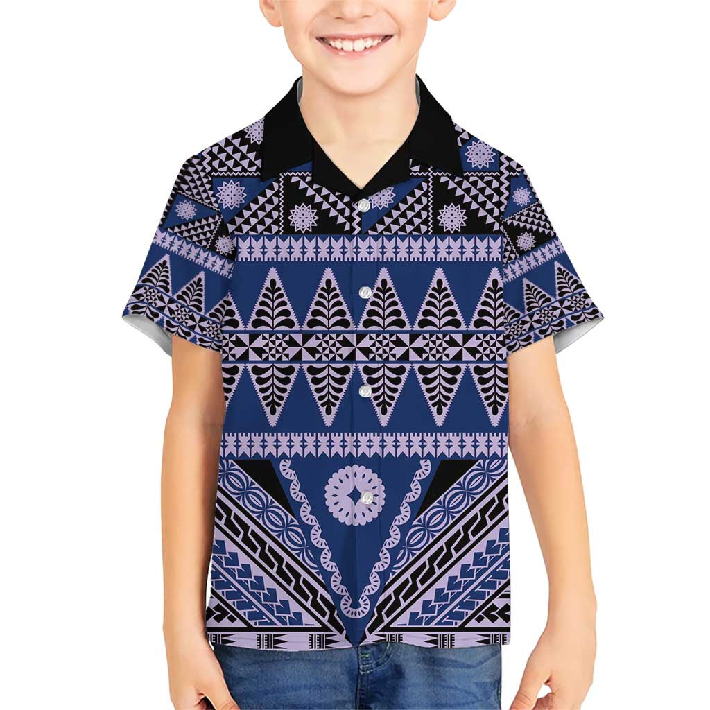 Vintage Bula Fiji Family Matching Short Sleeve Bodycon Dress and Hawaiian Shirt Prussian Blue Tapa Masi Motif LT9 Son's Shirt Blue - Polynesian Pride