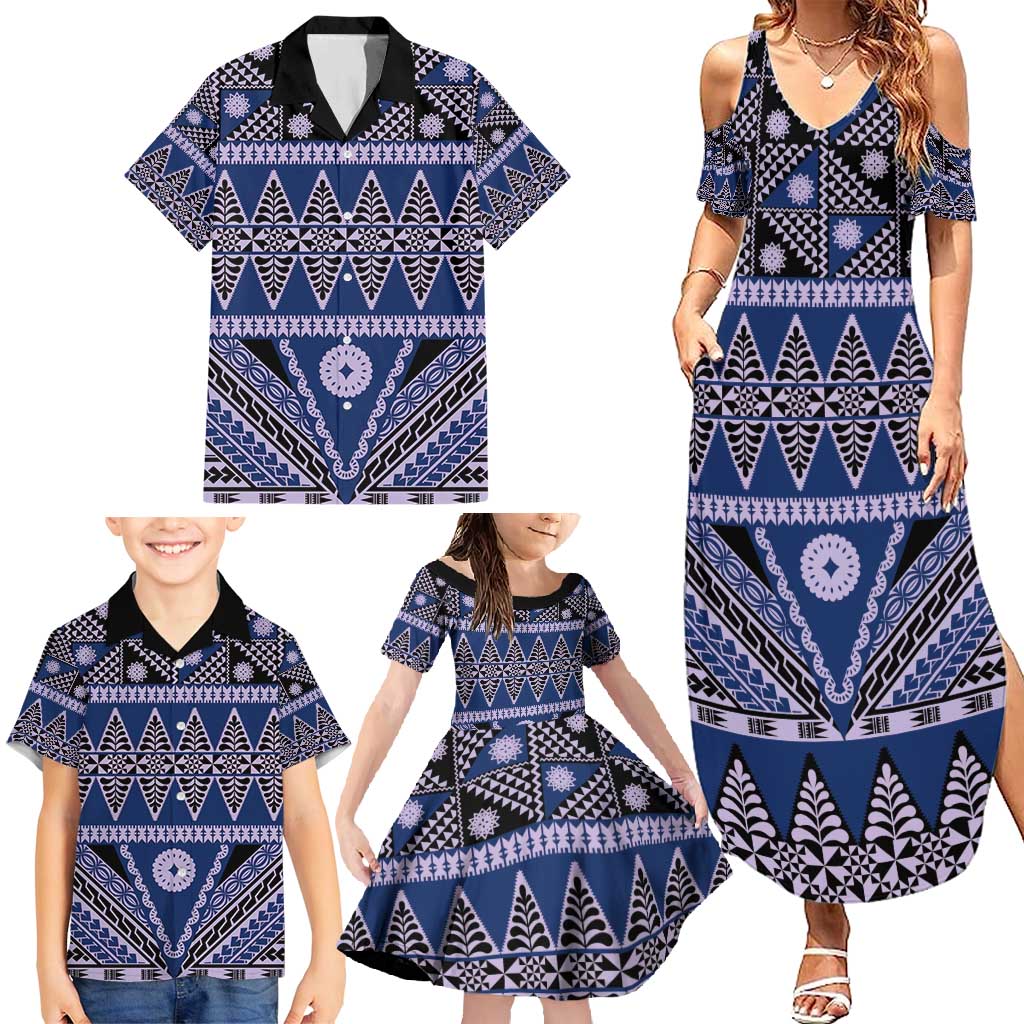 Vintage Bula Fiji Family Matching Summer Maxi Dress and Hawaiian Shirt Prussian Blue Tapa Masi Motif LT9 - Polynesian Pride