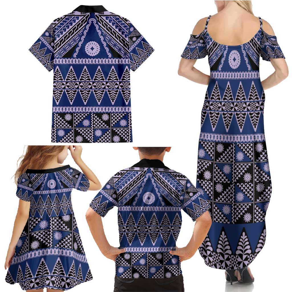 Vintage Bula Fiji Family Matching Summer Maxi Dress and Hawaiian Shirt Prussian Blue Tapa Masi Motif LT9 - Polynesian Pride