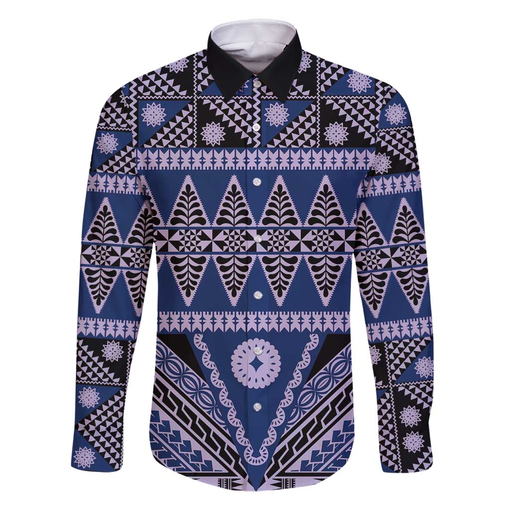 Vintage Bula Fiji Family Matching Summer Maxi Dress and Hawaiian Shirt Prussian Blue Tapa Masi Motif LT9 Dad's Shirt - Long Sleeve Blue - Polynesian Pride