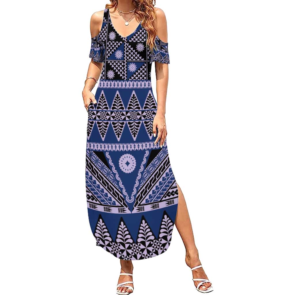 Vintage Bula Fiji Family Matching Summer Maxi Dress and Hawaiian Shirt Prussian Blue Tapa Masi Motif LT9 Mom's Dress Blue - Polynesian Pride