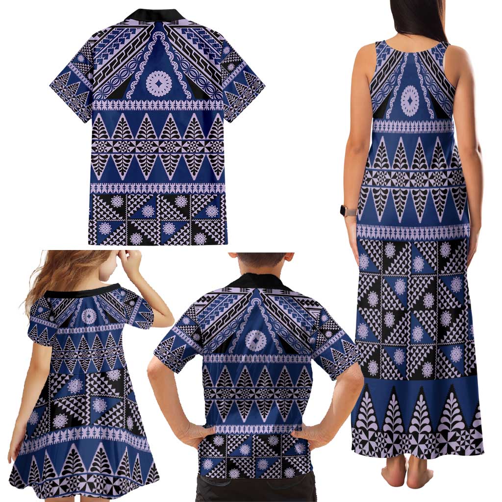 Vintage Bula Fiji Family Matching Tank Maxi Dress and Hawaiian Shirt Prussian Blue Tapa Masi Motif LT9 - Polynesian Pride