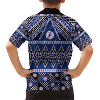 Vintage Bula Fiji Hawaiian Shirt Prussian Blue Tapa Masi Motif