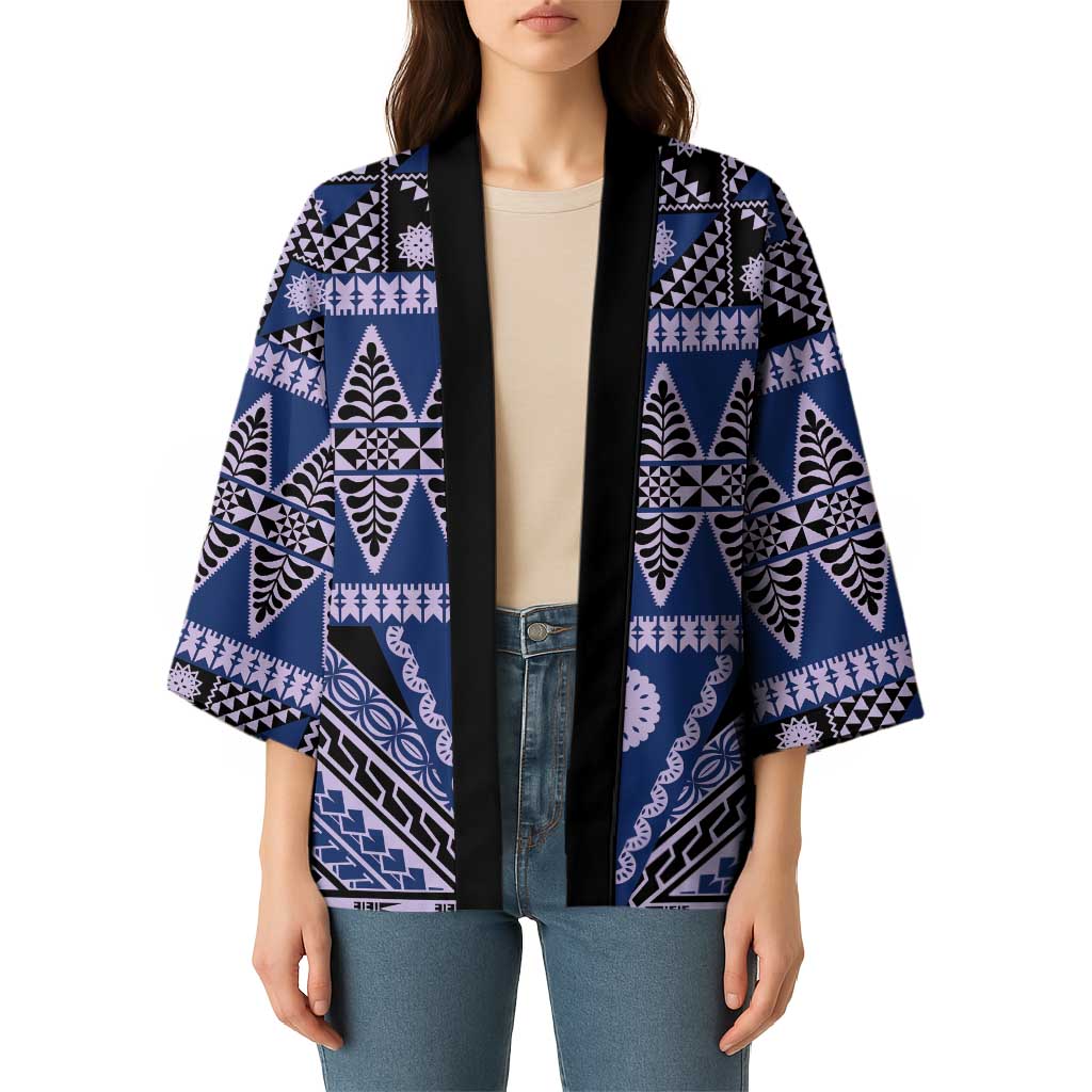 Vintage Bula Fiji Kimono Prussian Blue Tapa Masi Motif - Polynesian Pride