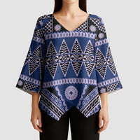 Vintage Bula Fiji Kimono Sleeve Blouse Prussian Blue Tapa Masi Motif - Polynesian Pride