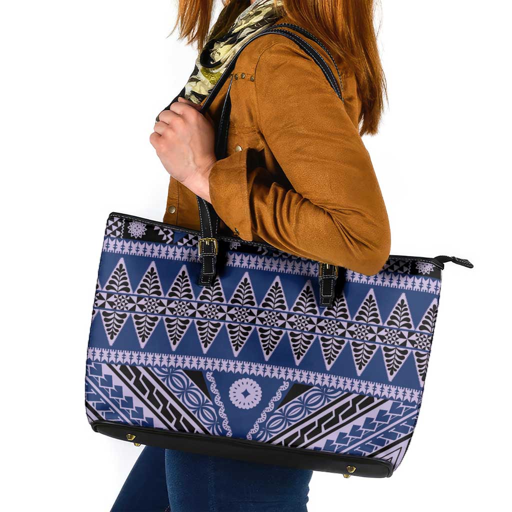 Vintage Bula Fiji Leather Tote Bag Prussian Blue Tapa Masi Motif