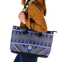 Vintage Bula Fiji Leather Tote Bag Prussian Blue Tapa Masi Motif