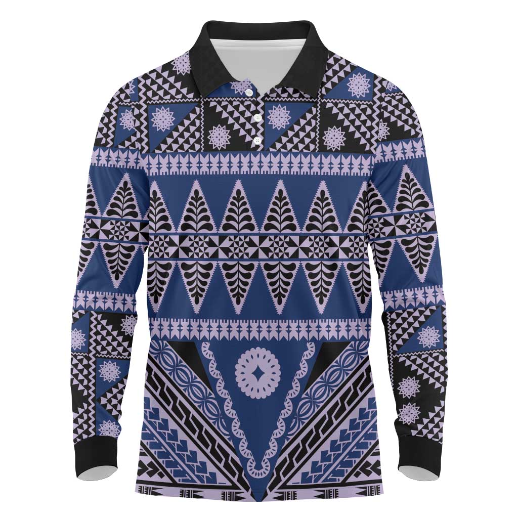 Vintage Bula Fiji Long Sleeve Polo Shirt Prussian Blue Tapa Masi Motif