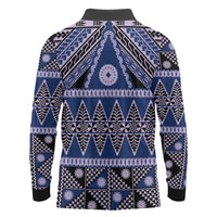 Vintage Bula Fiji Long Sleeve Polo Shirt Prussian Blue Tapa Masi Motif