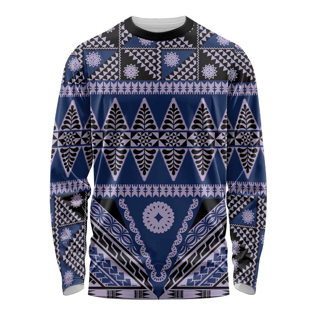 Vintage Bula Fiji Long Sleeve Shirt Prussian Blue Tapa Masi Motif