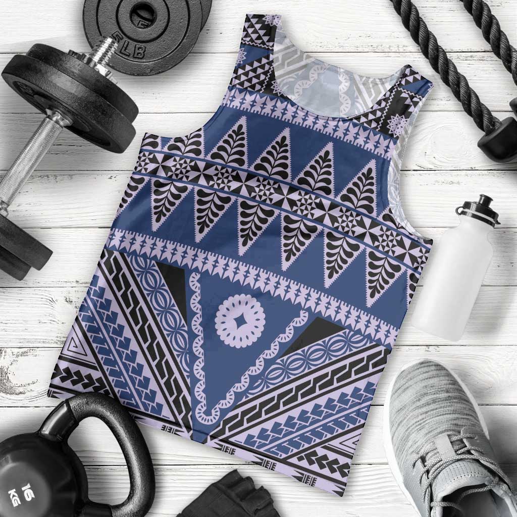 Vintage Bula Fiji Men Tank Top Prussian Blue Tapa Masi Motif