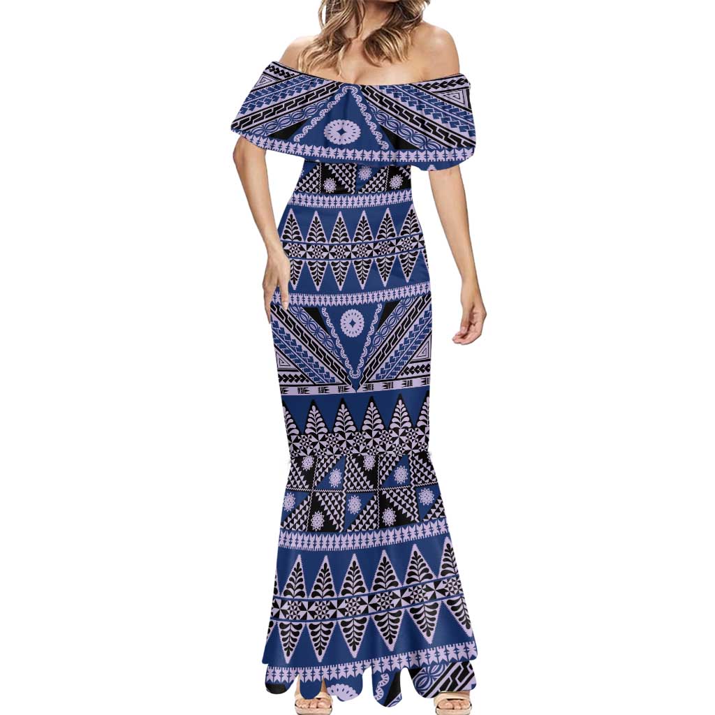 Vintage Bula Fiji Mermaid Dress Prussian Blue Tapa Masi Motif