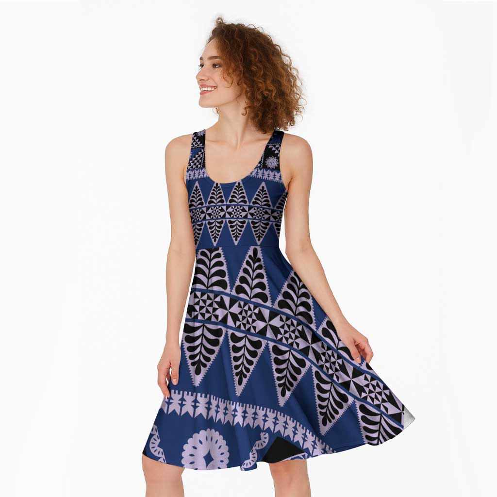 Vintage Bula Fiji Midi Dress Prussian Blue Tapa Masi Motif - Polynesian Pride