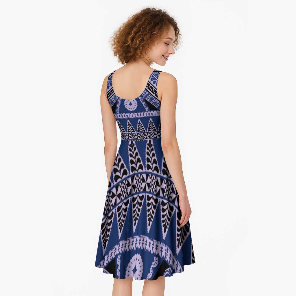 Vintage Bula Fiji Midi Dress Prussian Blue Tapa Masi Motif - Polynesian Pride