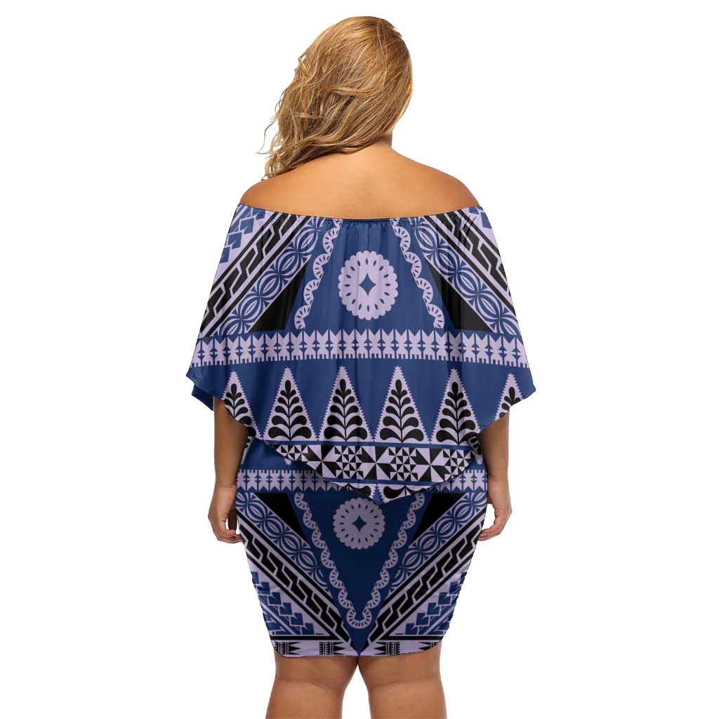 Vintage Bula Fiji Off Shoulder Short Dress Prussian Blue Tapa Masi Motif