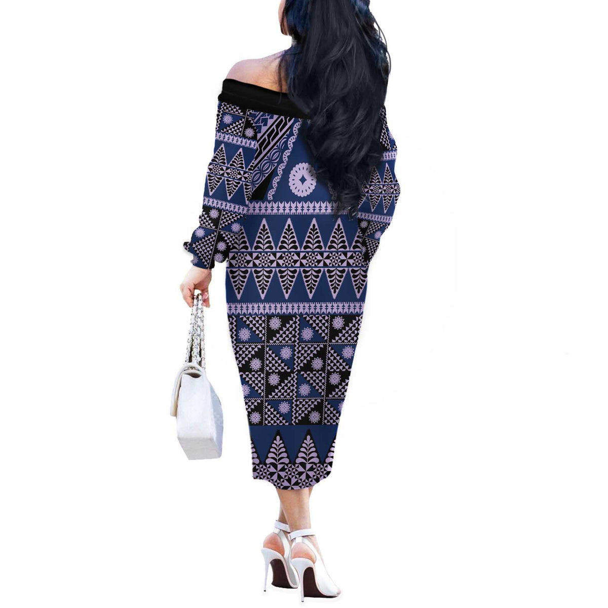 Vintage Bula Fiji Off The Shoulder Long Sleeve Dress Prussian Blue Tapa Masi Motif