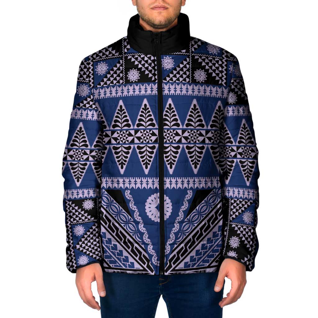 Vintage Bula Fiji Padded Jacket Prussian Blue Tapa Masi Motif - Polynesian Pride