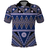 Vintage Bula Fiji Polo Shirt Prussian Blue Tapa Masi Motif