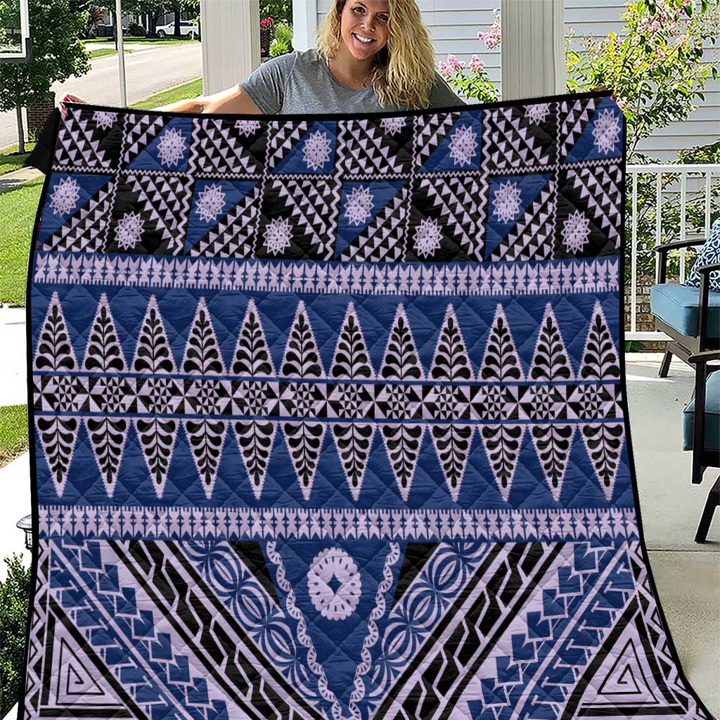Vintage Bula Fiji Quilt Prussian Blue Tapa Masi Motif