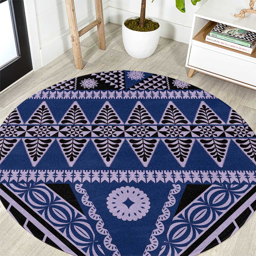 Vintage Bula Fiji Round Carpet Prussian Blue Tapa Masi Motif LT9 Blue - Polynesian Pride