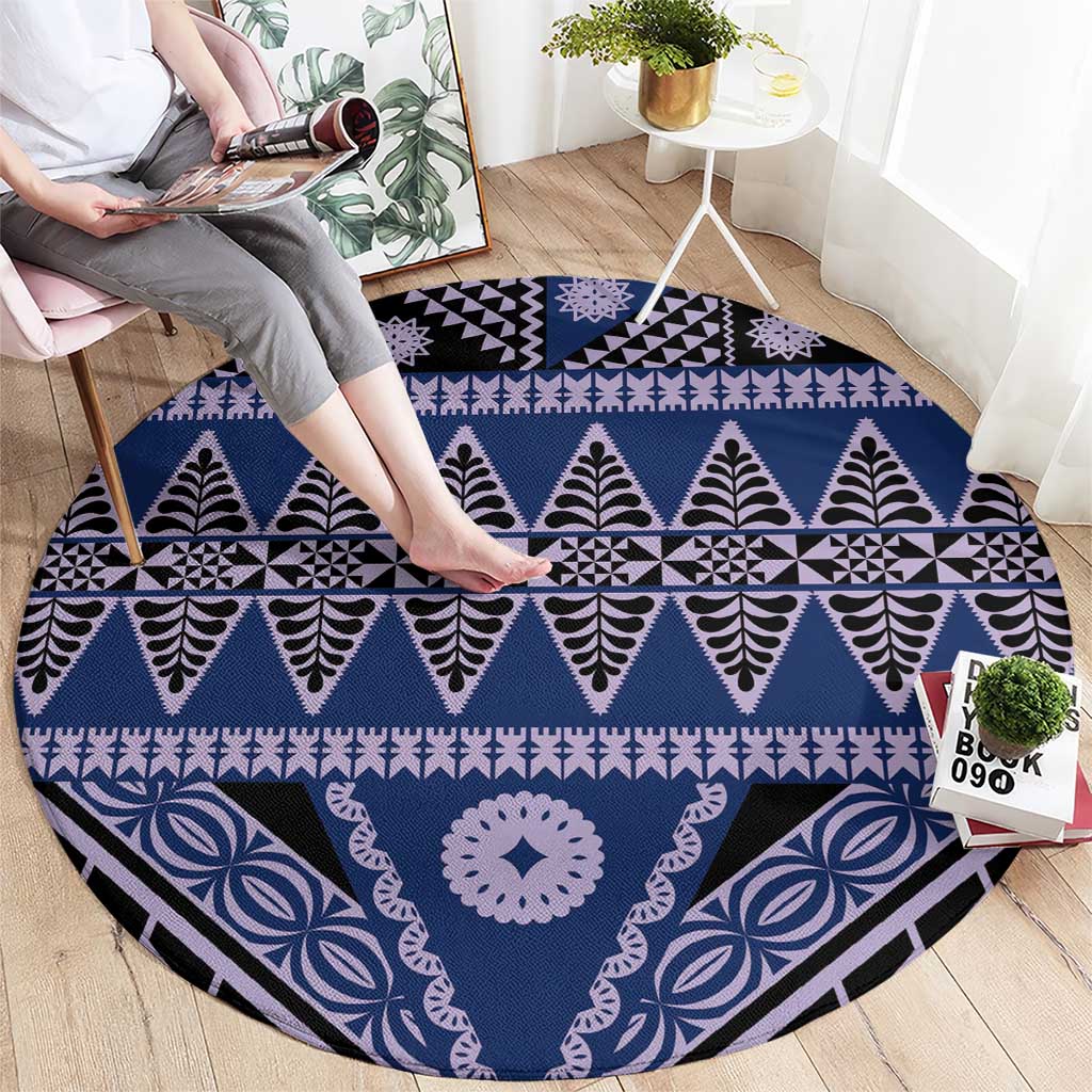 Vintage Bula Fiji Round Carpet Prussian Blue Tapa Masi Motif LT9 - Polynesian Pride