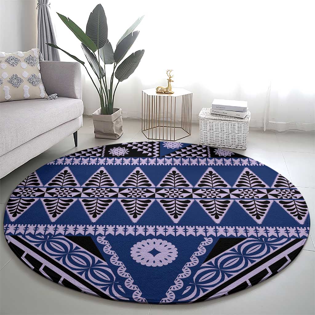 Vintage Bula Fiji Round Carpet Prussian Blue Tapa Masi Motif LT9 - Polynesian Pride