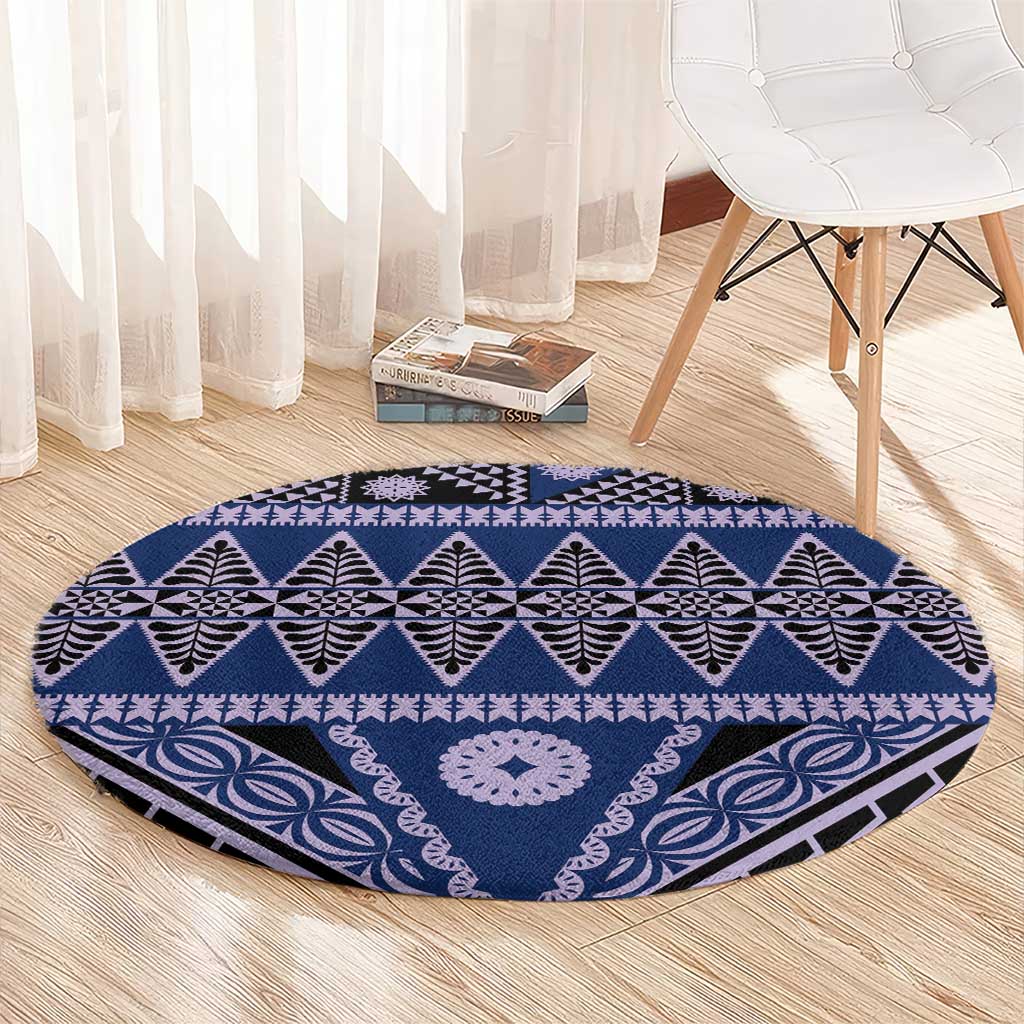 Vintage Bula Fiji Round Carpet Prussian Blue Tapa Masi Motif LT9 - Polynesian Pride