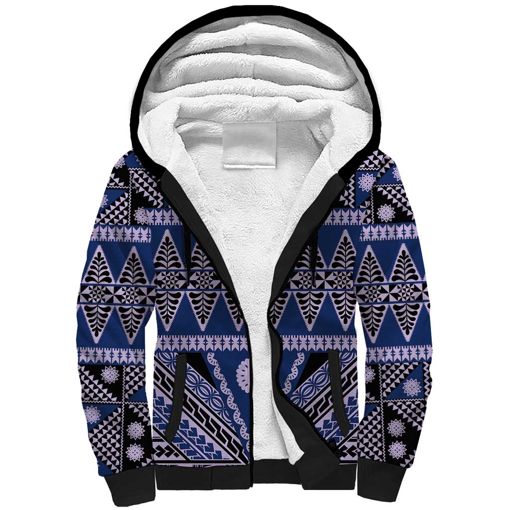 Vintage Bula Fiji Sherpa Hoodie Prussian Blue Tapa Masi Motif