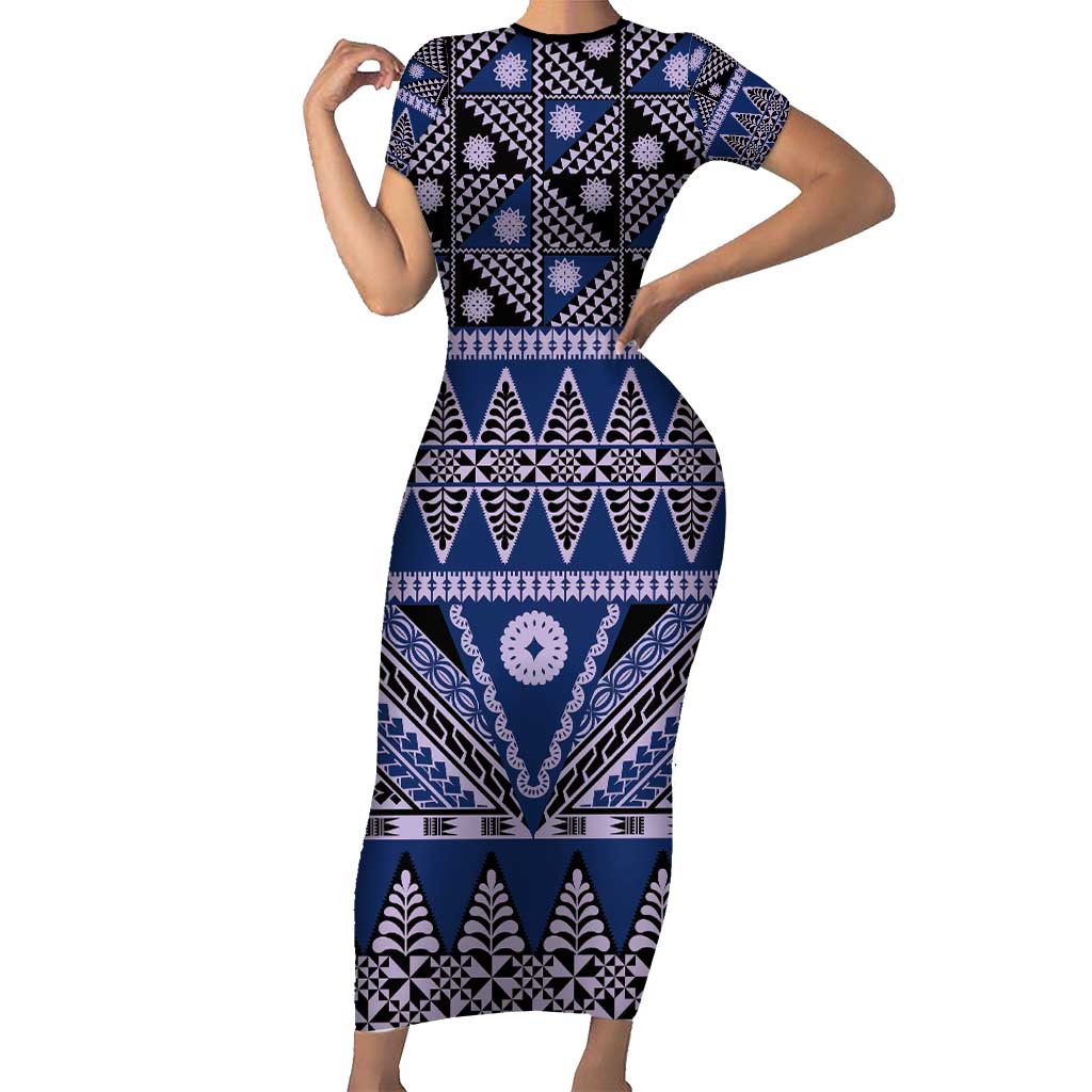 Vintage Bula Fiji Short Sleeve Bodycon Dress Prussian Blue Tapa Masi Motif