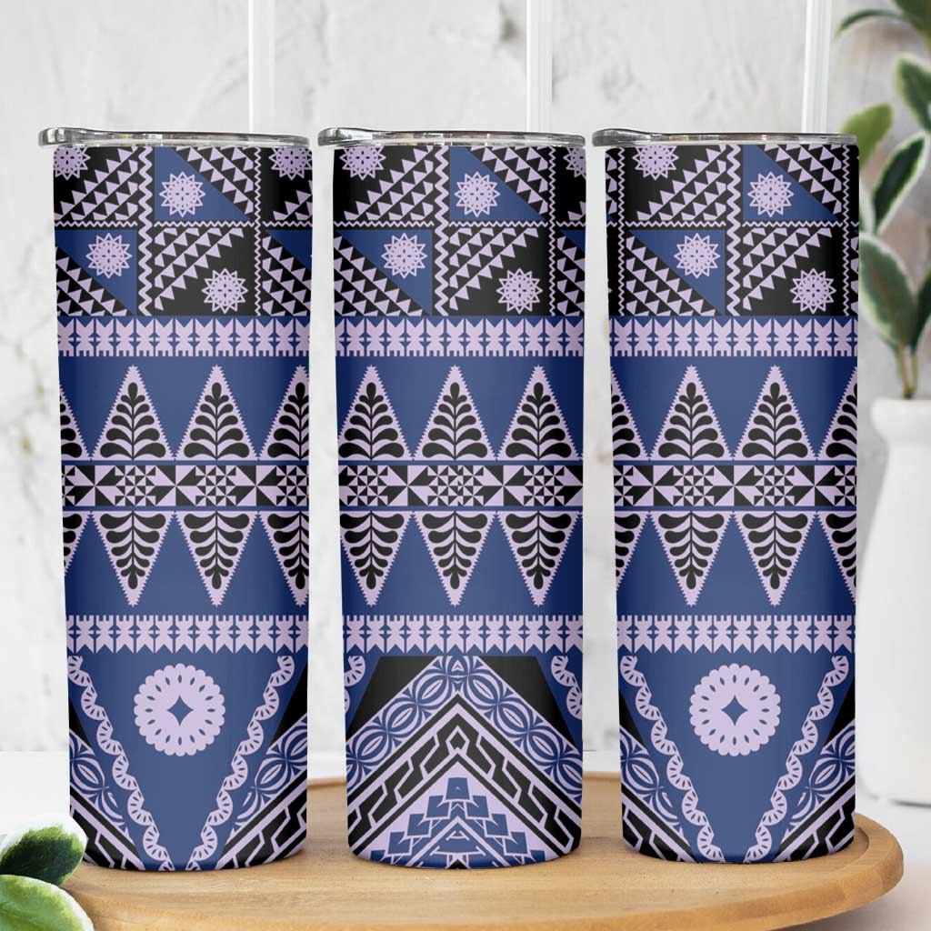 Vintage Bula Fiji Skinny Tumbler Prussian Blue Tapa Masi Motif