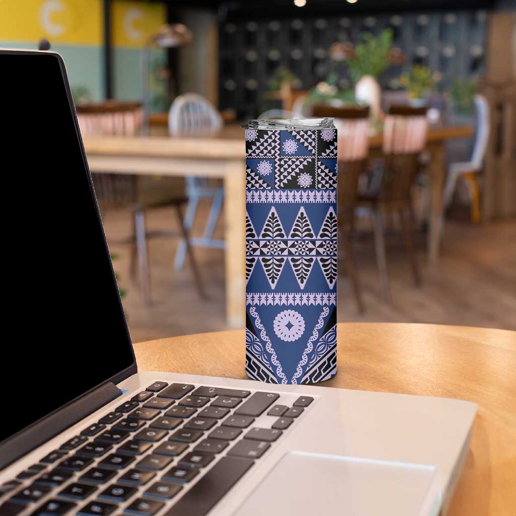 Vintage Bula Fiji Skinny Tumbler Prussian Blue Tapa Masi Motif