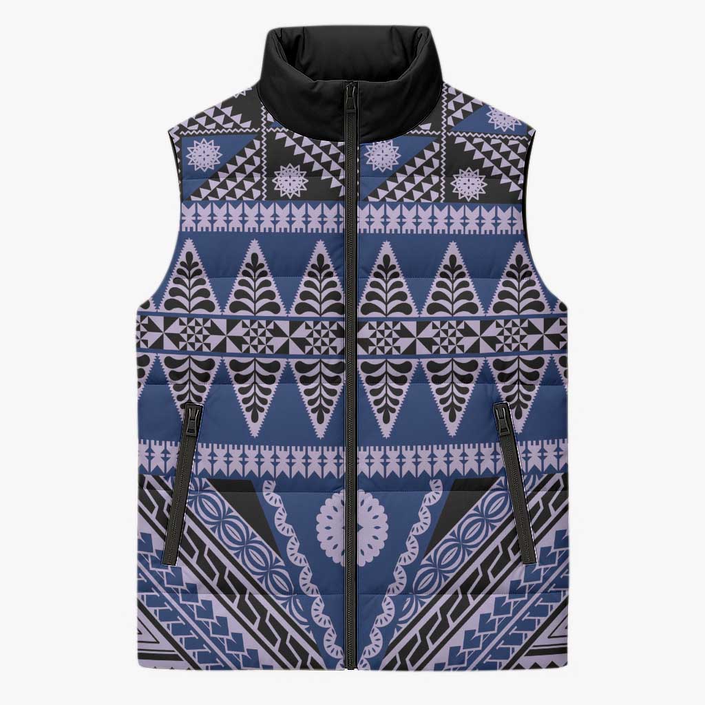 Vintage Bula Fiji Sleeveless Puffer Jacket Prussian Blue Tapa Masi Motif - Polynesian Pride
