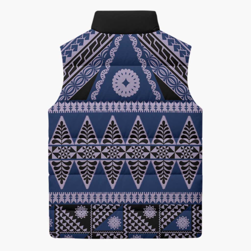 Vintage Bula Fiji Sleeveless Puffer Jacket Prussian Blue Tapa Masi Motif - Polynesian Pride