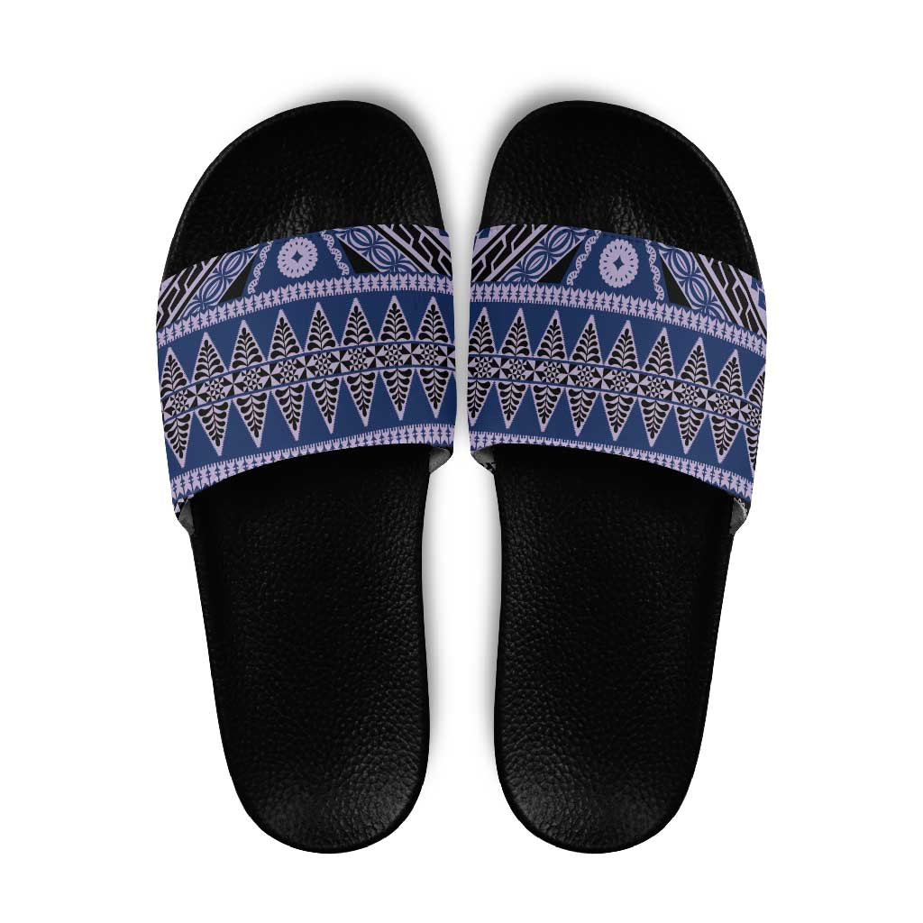 Vintage Bula Fiji Slide Sandals Prussian Blue Tapa Masi Motif - Polynesian Pride