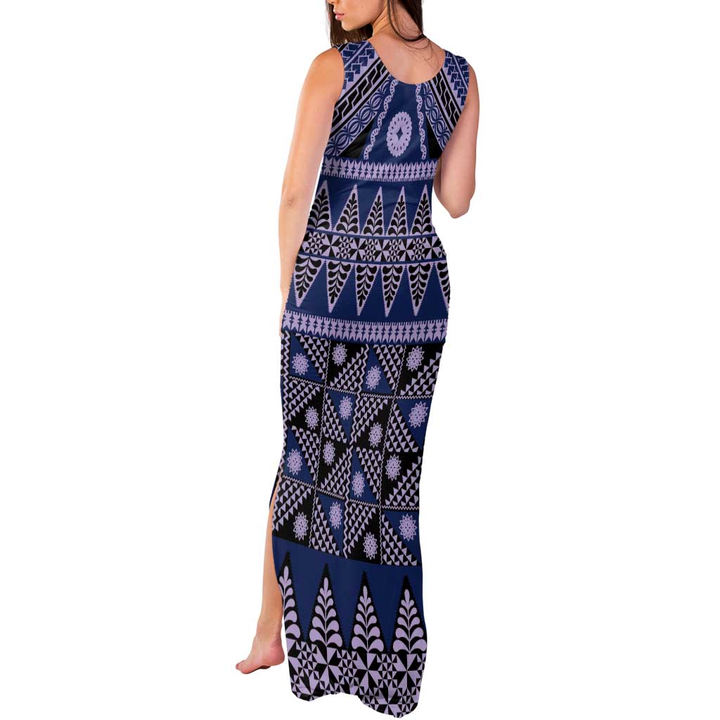 Vintage Bula Fiji Tank Maxi Dress Prussian Blue Tapa Masi Motif