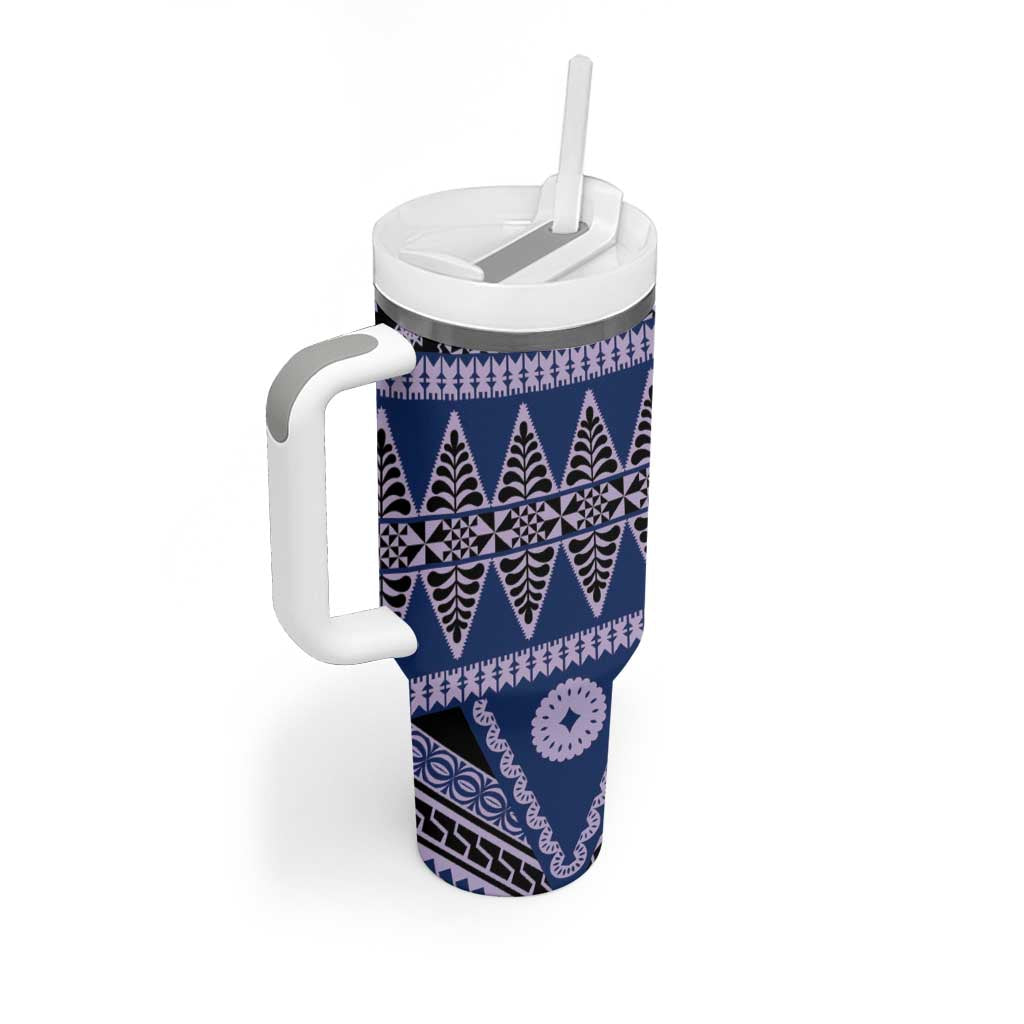 Vintage Bula Fiji Tumbler With Handle Prussian Blue Tapa Masi Motif