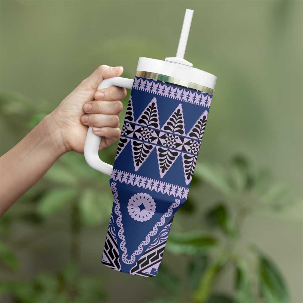 Vintage Bula Fiji Tumbler With Handle Prussian Blue Tapa Masi Motif