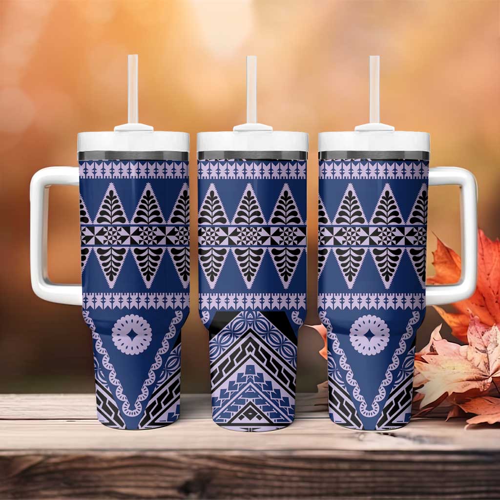 Vintage Bula Fiji Tumbler With Handle Prussian Blue Tapa Masi Motif