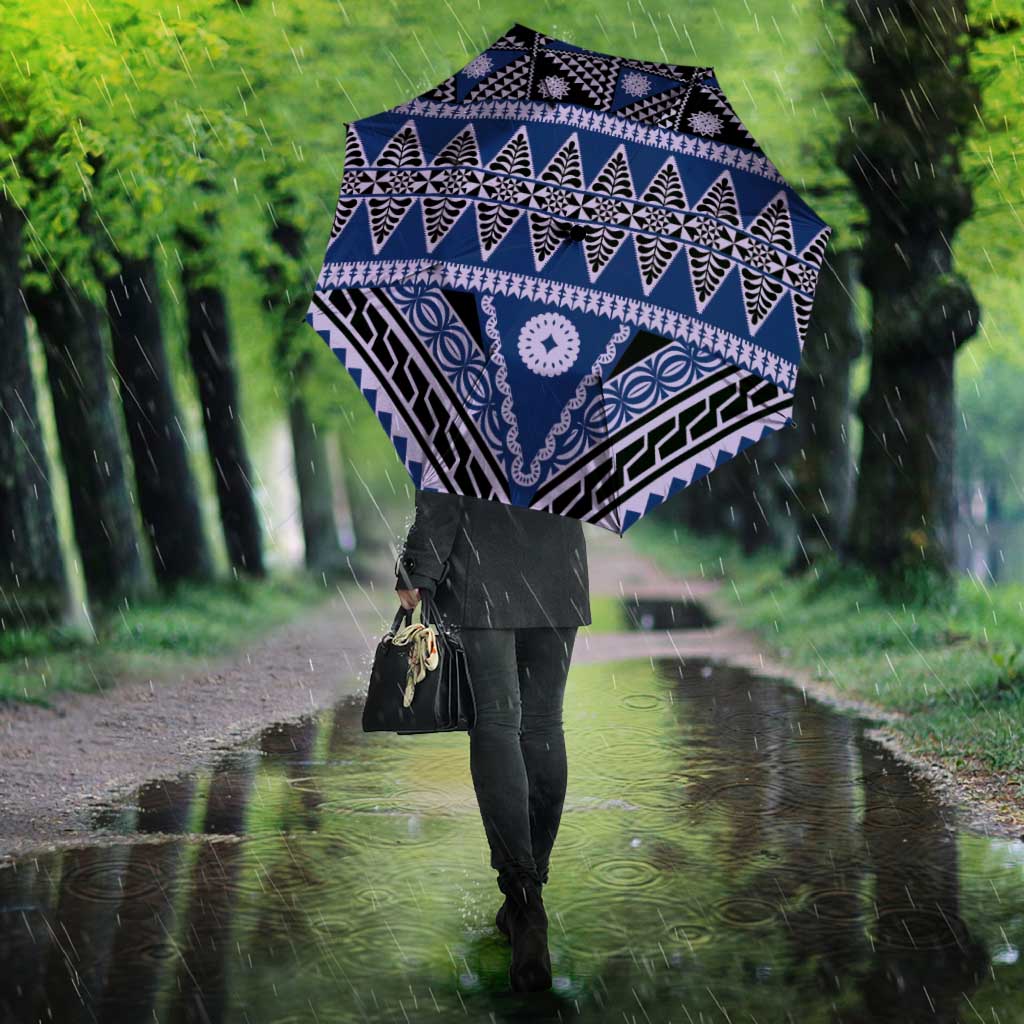 Vintage Bula Fiji Umbrella Prussian Blue Tapa Masi Motif - Polynesian Pride