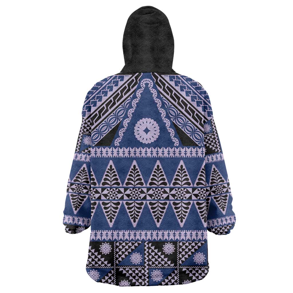 Vintage Bula Fiji Wearable Blanket Hoodie Prussian Blue Tapa Masi Motif