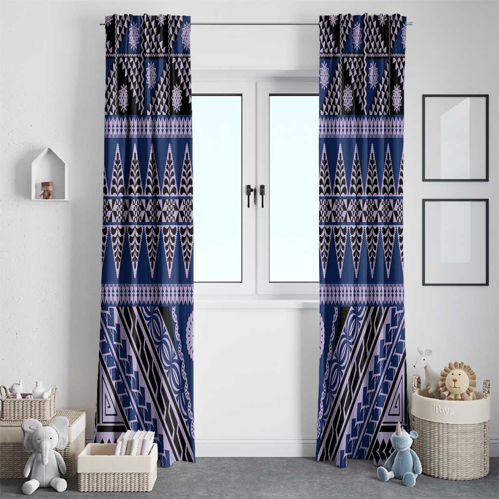 Vintage Bula Fiji Window Curtain Prussian Blue Tapa Masi Motif