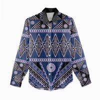 Vintage Bula Fiji Women Casual Shirt Prussian Blue Tapa Masi Motif