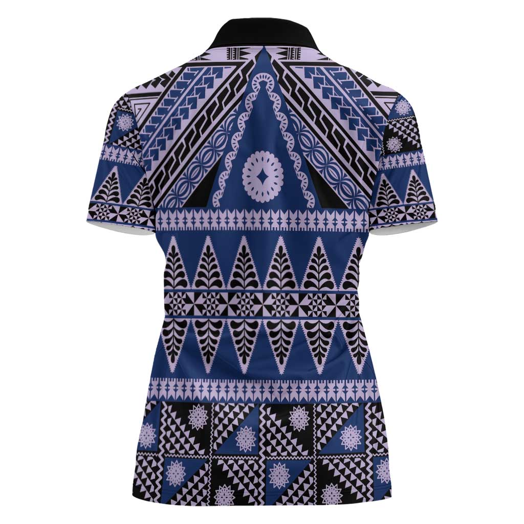 Vintage Bula Fiji Women Polo Shirt Prussian Blue Tapa Masi Motif
