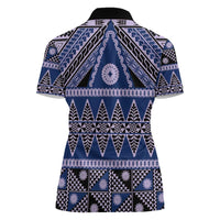 Vintage Bula Fiji Women Polo Shirt Prussian Blue Tapa Masi Motif