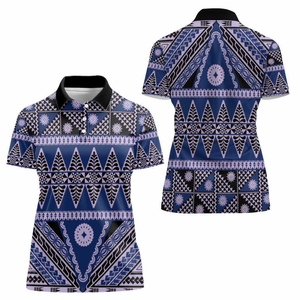 Vintage Bula Fiji Women Polo Shirt Prussian Blue Tapa Masi Motif